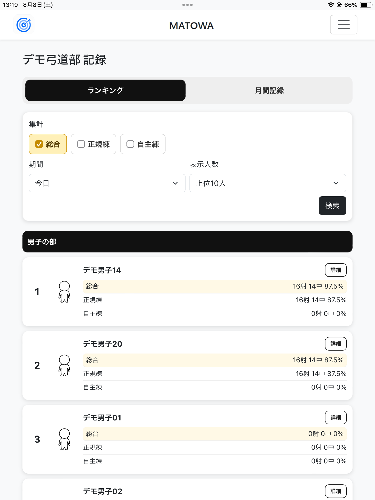 グループのランキングを確認できるMATOWAの履歴画面